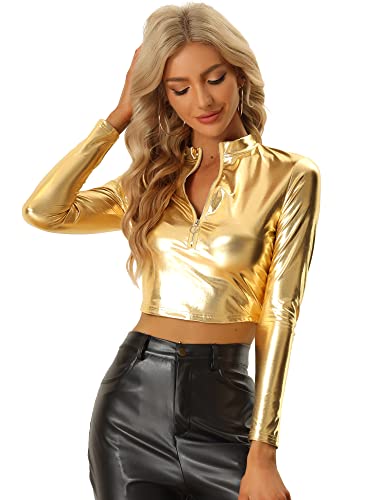 Allegra K Damen Kostüm Metallic Crop Party Tops Glitzer Langarm Reißverschluss Top Oberteil Gold XL von Allegra K