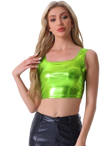 Allegra K Damen Metallic Crop Top Party Tanktop Ärmellos Glänzend Club Bauchfrei Oberteil Grün M von Allegra K