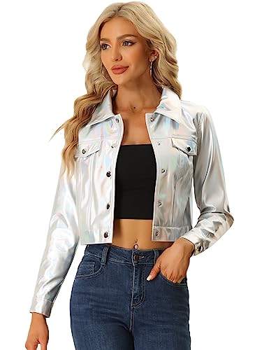 Allegra K Damen Metallic Jacke Party Biker Holografisch Knopfleiste Glänzend Club Jacken Silber XS von Allegra K