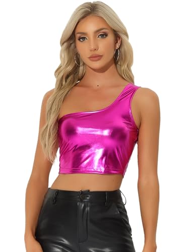 Allegra K Damen Metallic Oberteil One Shoulder Party Holographisch Clubwear Crop Tops Pink XS von Allegra K