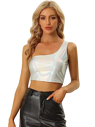 Allegra K Damen Metallic Oberteil One Shoulder Party Holographisch Clubwear Crop Tops Silber XL von Allegra K