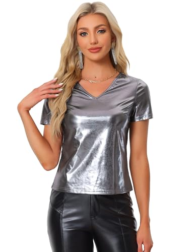 Allegra K Damen Metallic Shirt V-Ausschnitt Party Club Glänzend Oberteile Bluse Schwarz Silber M von Allegra K