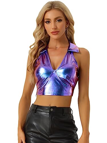 Allegra K Damen Neckholder Top Ärmellos Glitzer Metallic Oberteil Glänzende Party Crop Top Blau XL von Allegra K