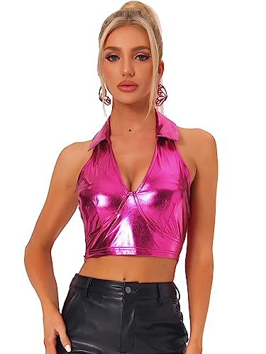 Allegra K Damen Neckholder Top Ärmellos Glitzer Metallic Oberteil Glänzende Party Crop Top Pink XS von Allegra K