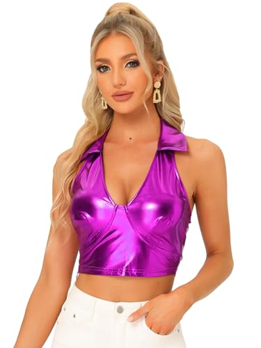 Allegra K Damen Neckholder Top Ärmellos Glitzer Metallic Oberteil Glänzende Party Crop Top Schwarz Lila S von Allegra K