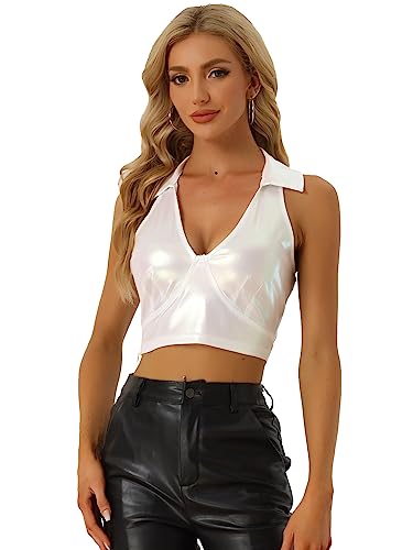 Allegra K Damen Neckholder Top Ärmellos Glitzer Metallic Oberteil Glänzende Party Crop Top Silber L von Allegra K