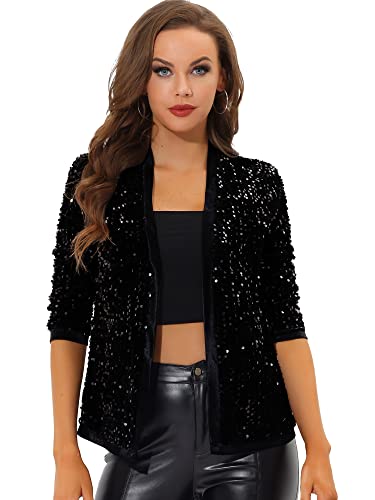 Allegra K Damen Halloween Kostüm Pailletten Cardigan Open Front Kragenlose 3/4 Ärmel Samtjacke, Schwarz , 36 von Allegra K