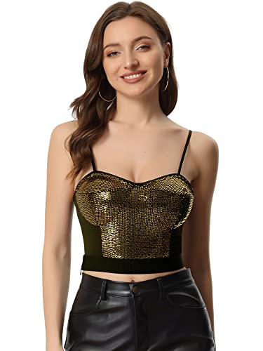 Allegra K Damen Crop Top Pailletten Top Spaghetti Träger Deep V Party Glitzer Oberteil Gold M von Allegra K