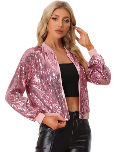 Allegra K Damen Bomberjacke Pailletten Jacke Langarm Party Club Metallic Glitzer Sequin Jacken Rosa Pink L von Allegra K