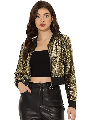 Allegra K Damen Pailletten Jacke Langarm Reißverschluss Crop Glitzer Sequin Bomberjacke Gold XL von Allegra K