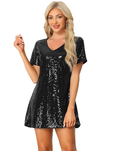 Allegra K Damen Halloween-Kostüm Pailletten Kleid, Glitzer, V-Ausschnitt, Kurzärmelig, Clubwear-Party Mini Kleid Schwarz XL Allegra K Damen Halloween-Kostüm Pailletten Kleid, Glitzer, V-Ausschnitt, Kurzärmelig, Clubwear-Party Mini Kleid Schwarz XL von Allegra K