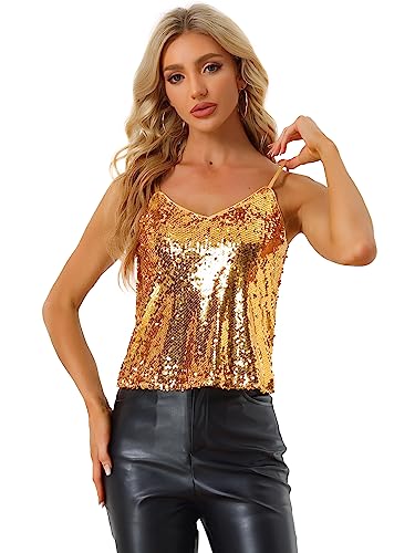 Allegra K Damen Pailletten Oberteil Glitzer Top Spaghetti Party Club Camisole Metallic Festival Shirt Top Gelb XL von Allegra K