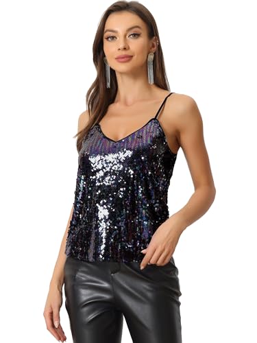 Allegra K Damen Pailletten Oberteil Glitzer Top Spaghetti Party Club Camisole Metallic Festival Shirt Top Schwarz Blau Grün S von Allegra K