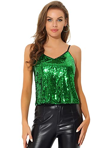 Allegra K Damen Pailletten Oberteil Glitzer Top Spaghetti Party Club Camisole Metallic Festival Shirt Top Schwarz Grün XS von Allegra K