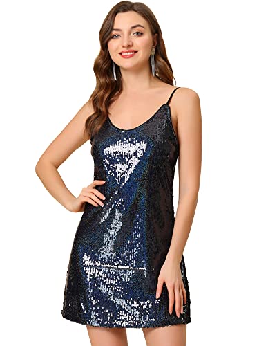 Allegra K Damen Halloween Kostüm Party Glitzer Verstellbarer Riemen Mini Sparkly Pailletten Kleider, dunkelblau, 38 von Allegra K