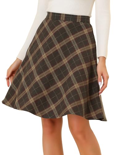 Allegra K Damen Plaid Hohe Elastische Taille Knielang Kariert A-Linie Rock, braun, 42 von Allegra K