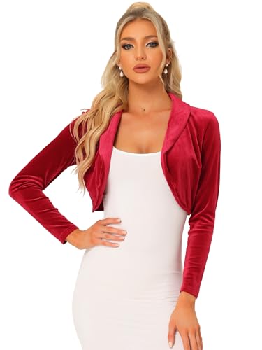 Allegra K Damen Samt Bolero Cocktail Offen Vorderseite Velvet Crop Jacke Elegant Shrug Rot L von Allegra K