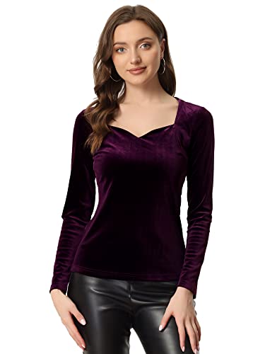 Allegra K Damen Samt Oberteil Langarm Herzausschnitt Elegantes T-Shirt Velvet Top Bluse Lila XL von Allegra K