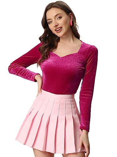 Allegra K Damen Samt Oberteil Langarm Herzausschnitt Elegantes T-Shirt Velvet Top Bluse Rosa XS von Allegra K