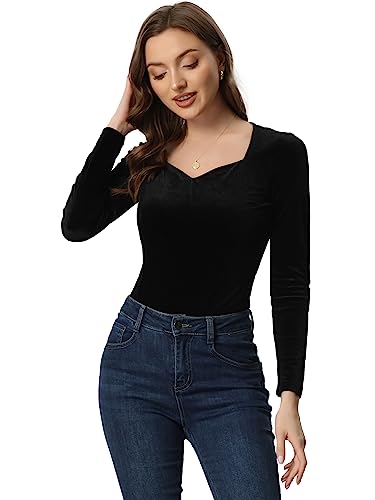 Allegra K Damen Samt Oberteil Langarm Herzausschnitt Elegantes T-Shirt Velvet Top Bluse Schwarz S von Allegra K