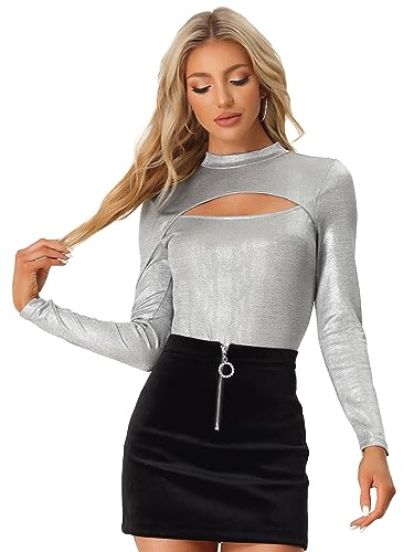 Allegra K Damen Sexy Oberteil Langarm Cut Out Ausschnitt Stehkragen Glitzer Party Top Bluse Silber XS von Allegra K