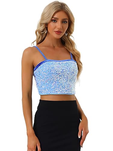 Allegra K Damen Pailletten Oberteil Ärmellos Tanktop Spaghettiträger Glitzer Cami Party Crop Top Hellblau S von Allegra K