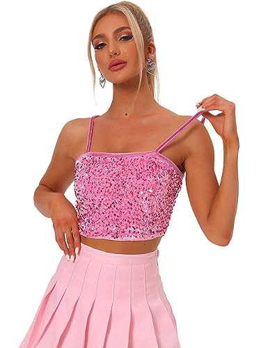 Allegra K Damen Pailletten Oberteil Ärmellos Tanktop Spaghettiträger Glitzer Cami Party Crop Top Hell Pink M von Allegra K