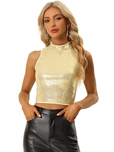 Allegra K Damen Top Ärmellos Pailletten Metallic Glitzer Party Bluse Hell Gold L von Allegra K