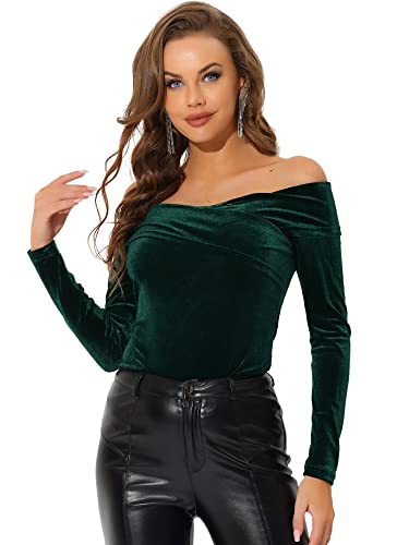 Allegra K Damen Velvet Bluse Langarm Schulterfrei Festlich Party Samt Oberteil Top Bluse Dunkelgrün XL von Allegra K