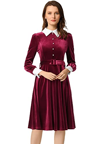 Allegra K Damen Velvet Kleid Langarm Kontrastfarbe Gürtel Samt Midikleid Kleid Burgunderrot S von Allegra K