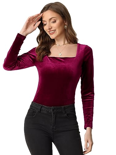 Allegra K Damen Velvet Oberteil Langarm Eckigem Ausschnitt Samt T-Shirt Bluse Burgund XS von Allegra K