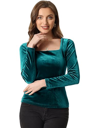 Allegra K Damen Velvet Oberteil Langarm Eckigem Ausschnitt Samt T-Shirt Bluse Grün S von Allegra K