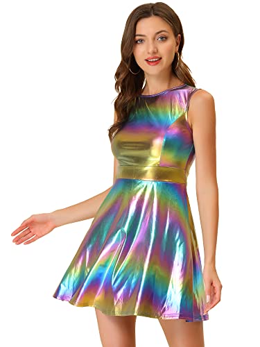 Allegra K Damen Minikleid Ärmellos Metallic Glitzer Rundhals A Linie Holografisch Party Kleid Blau Lila M von Allegra K