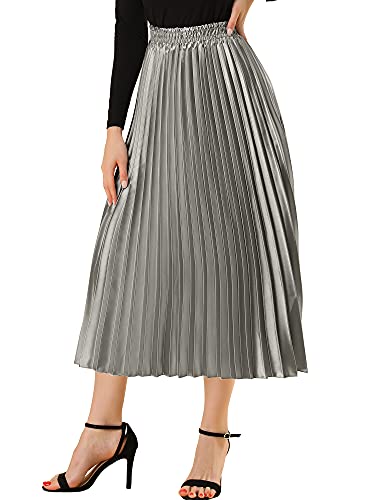 Allegra K Damen Maxi Faltenrock Hohe Taille Plisseerock A-Linie Elastisch Swing Eleganter Rock Silber-Grau XXL von Allegra K
