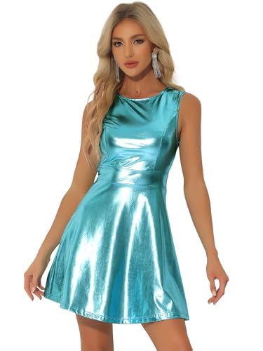 Allegra K Damen Minikleid Ärmellos Metallic Glitzer Rundhals A Linie Holografisch Party Kleid Blaue L von Allegra K