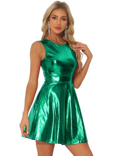 Allegra K Damen Ärmellos Partykleid Glitzer Rundhals A-Linie Holografisch Metallic Kleid Grün L von Allegra K