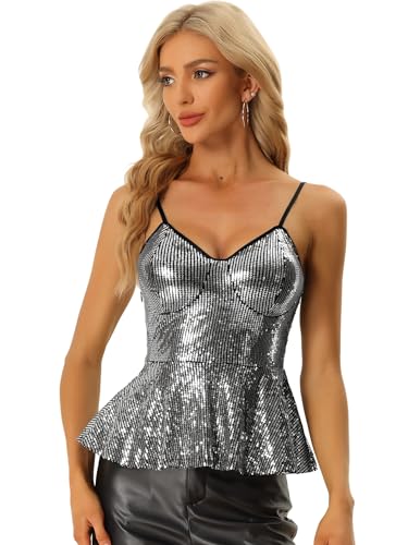 Allegra K Damen Pailletten Cami Top Spaghettiträger V-Ausschnitt Sparkle Rüschen Peplum Bluse Schwarz L von Allegra K