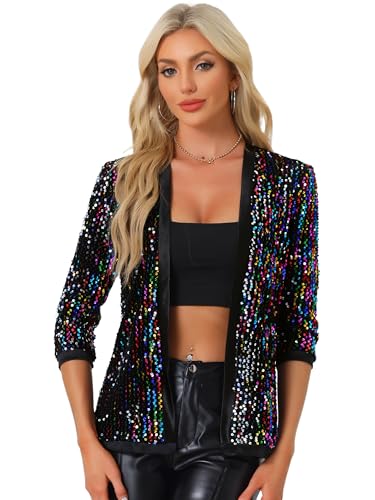 Allegra K Damen Pailettenjacke Glitzer Elegant Blazer Langarm Pailletten Party Club Offen Jacke Jacken Regenbogen XL von Allegra K