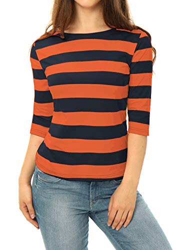 Allegra K Damen Gestreiftes Shirt U Boot Ausschnitt Halbarm Party Ferien Streifen Top Bluse Orange Marine L von Allegra K