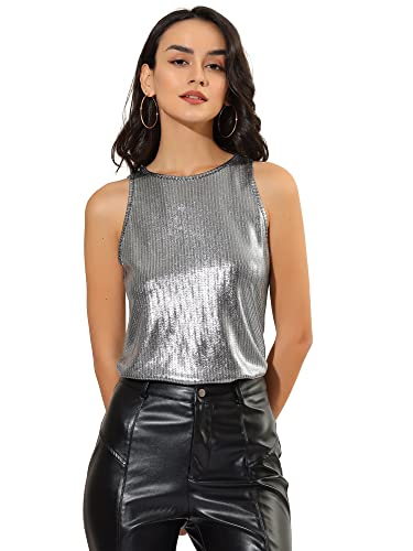 Allegra K Damen Pailletten Oberteil Metallic Glitzer Ärmellos Club Party Camisole Tank-Tops Dunkelsilber L von Allegra K