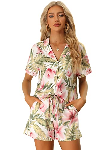 Allegra K Damen Hawaiihemd und Shorts Set Summer Beach Trip Button Down Sets Weiß M von Allegra K