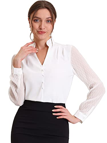Allegra K Damen Langarm V-Ausschnitt Oberteil Knopfdekor Mesh Durchsichtig Rüschen Arbeit Bluse Weiß M von Allegra K