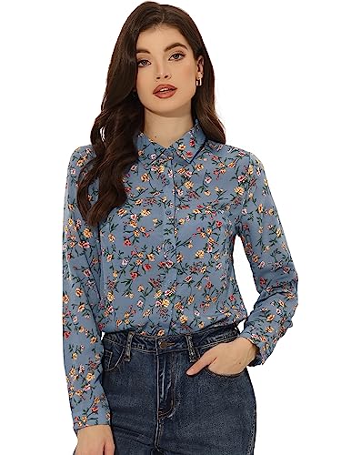 Allegra K Damen Hemd Langarm Umlegekragen Button Blumen Shirt Top Bluse Grau Blau S von Allegra K