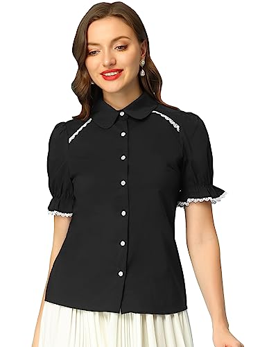 Allegra K Damen Hemd Puffärmel Bubikragen Kontrastbesatz Knopfleiste Vintage Top Bluse Oberteil Schwarz L von Allegra K