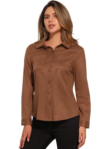 Allegra K Damen Hemd aus Wildlederimitat Stretch Langärm zum Zuknöpfen Lässige Hemdjacke Braun L von Allegra K