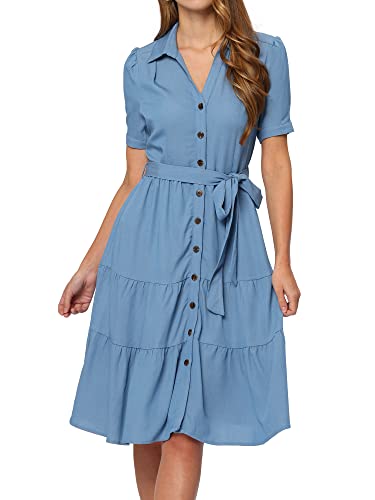 Allegra K Damen Hemdkleid Kurzarm Chambray Geknöpfter Taille V-Ausschnitt Jeanskleid Kleid Hellblau M von Allegra K