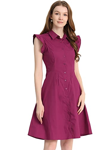 Allegra K Damen Hemdkleid aus Baumwolle mit Rüschenärmeln zum Binden an der Taille, Knopfleiste, lässiges Bürokleid, Fuchsia, Groß von Allegra K