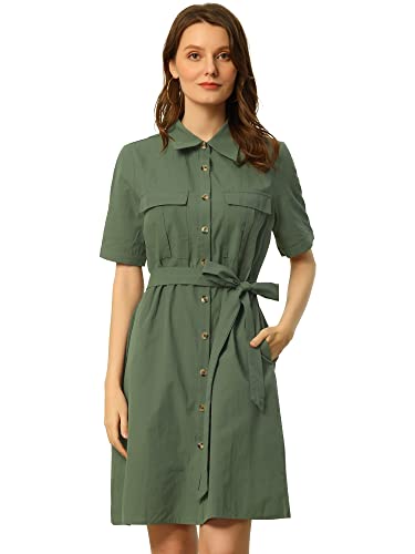 Allegra K Damen Safari Kleider Sommer Baumwolle Kurzarm Gürtel Button Down Hemdkleid, armee-grün, 34 von Allegra K