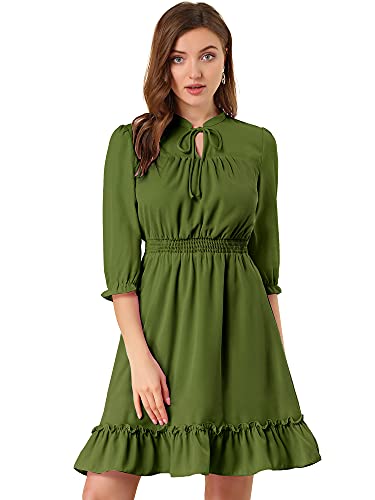 Allegra K Damen Herbst Hochzeit Gäste Kleider Rüschen Saum 3/4 Ärmel A-Linie gesmokt Kurz Chiffon Kleid, Grün (Army Green), Klein von Allegra K