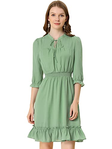 Allegra K Damen Herbst Hochzeit Gastkleider Rüschen Saum 3/4 Ärmel A-Linie Gesmokt Kurz Chiffon Kleid, Pea Green, Klein von Allegra K